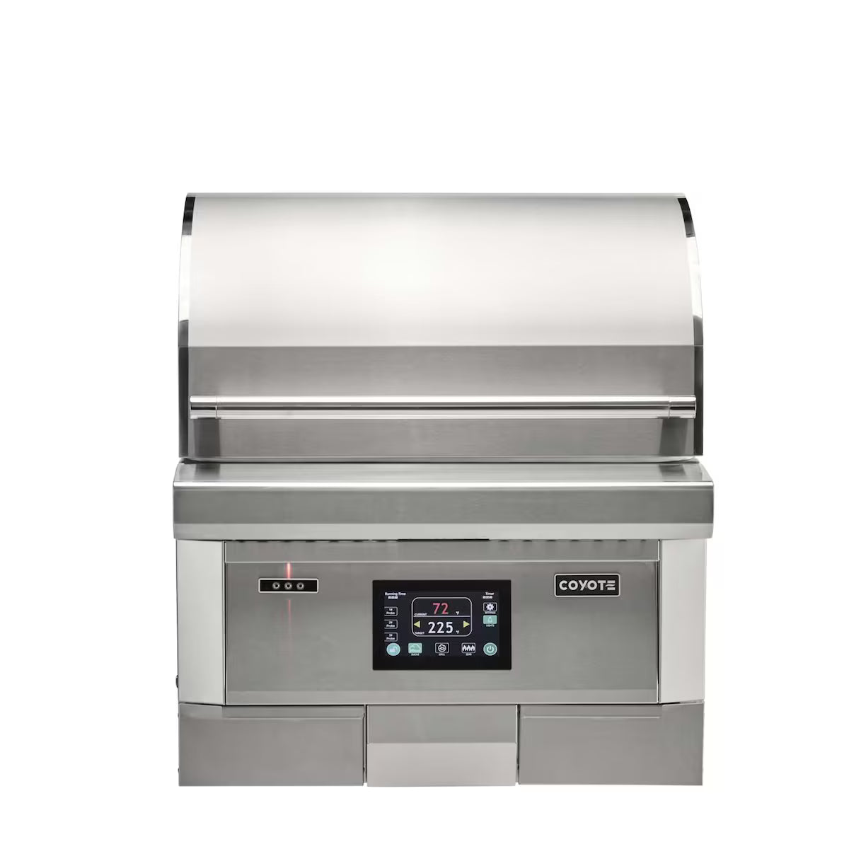 Front view of a built-in Coyote stainless steel pellet grill with the lid closed, showing the digital control panel with the Coyote badge and a temperature display, on a white background
