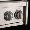 Close-up of two stainless steel control knobs on an American Outdoor Grill, including the back burner control with off, high, and low settings