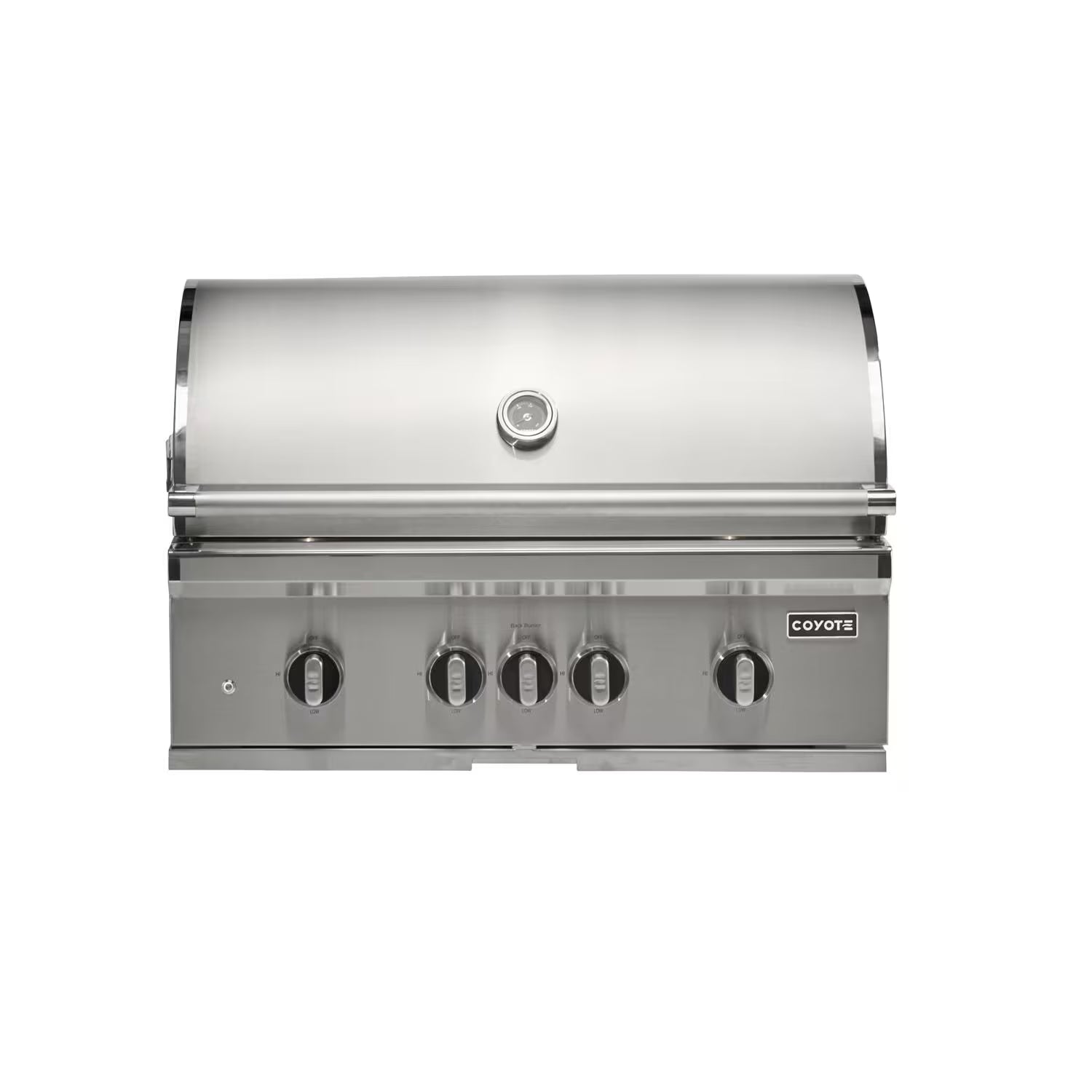 Front view of a built-in Coyote stainless steel grill with lid closed, four control knobs, a temperature gauge on the lid and Coyote badge, on a white background