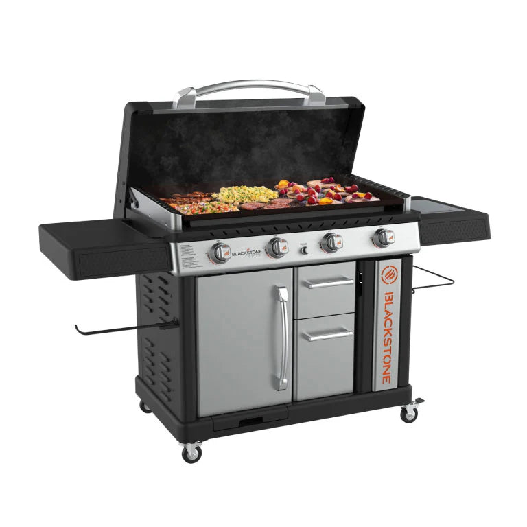 Blackstone Patio Pro 36” Griddle with Hood showcasing its spacious cooking surface and sleek design.