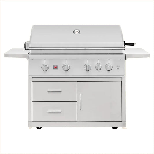 Summerset TRL Pro 40-inch deluxe cart gas grill with lid closed, drawers, door and side shelves, on white background
