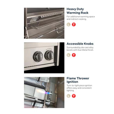 American Outdoor Grill (AOG) T-Series features graphic showing the heavy duty warming rack, accessible knobs, and flame thrower ignition
