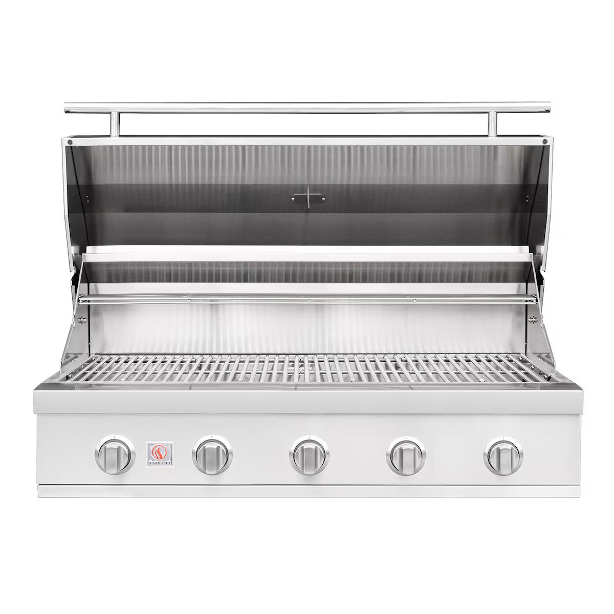 Summerset 5-burner built-in gas grill head with hood open showing cooking grates, on white background