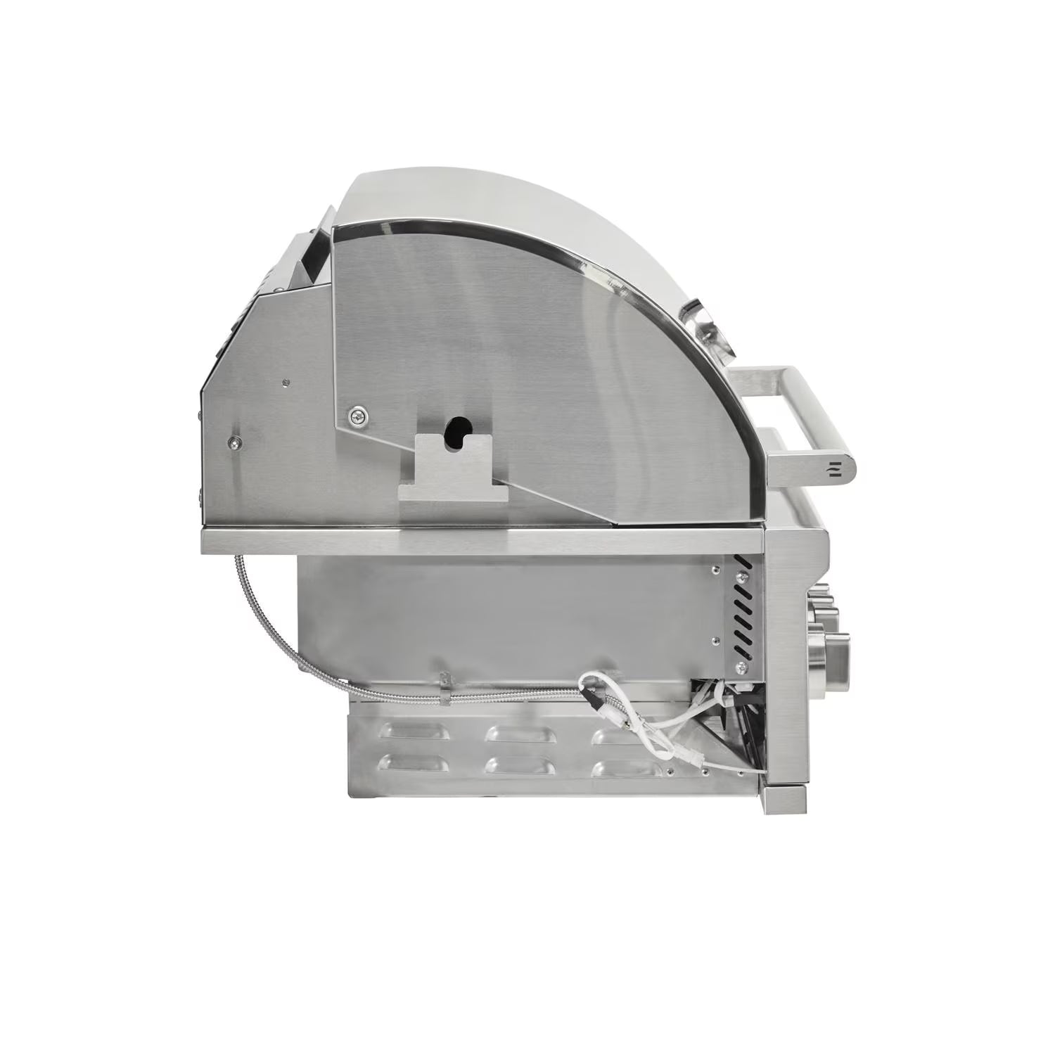 Side profile view of a stainless steel built-in grill firebox with the lid closed, showing the burner tray and ignition and gas wiring underneath, on a white background
