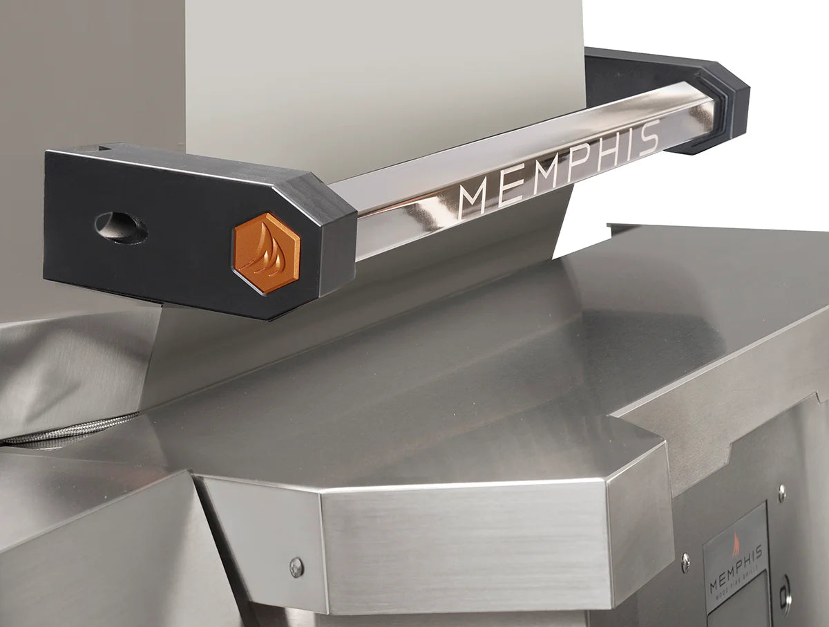 Full view of the Memphis Elevate 30" Freestanding Pellet Grill equipped with accessories, perfect for outdoor cooking.