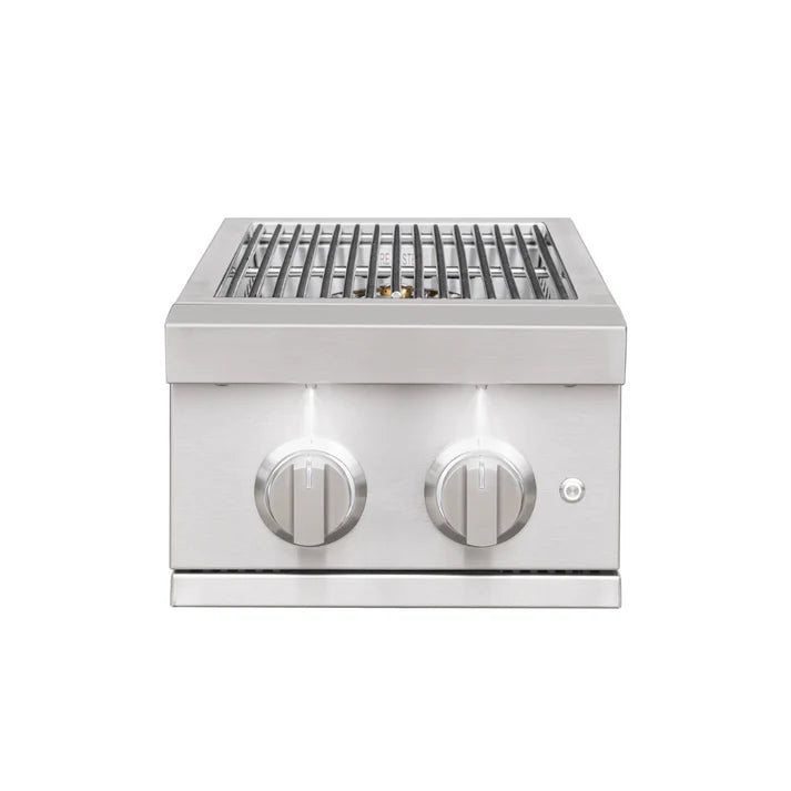 Stainless steel built-in double side burner with two control knobs and a cooking grate on white background