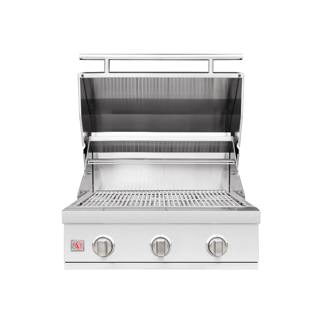 Summerset Sizzler 3-burner built-in gas grill with hood open showing cooking grates, on white background
