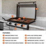 Blackstone 30-inch electric drop-in griddle features graphic highlighting the omnivore griddle plate, stainless steel hood, digital heat control knobs, and LED temperature readout