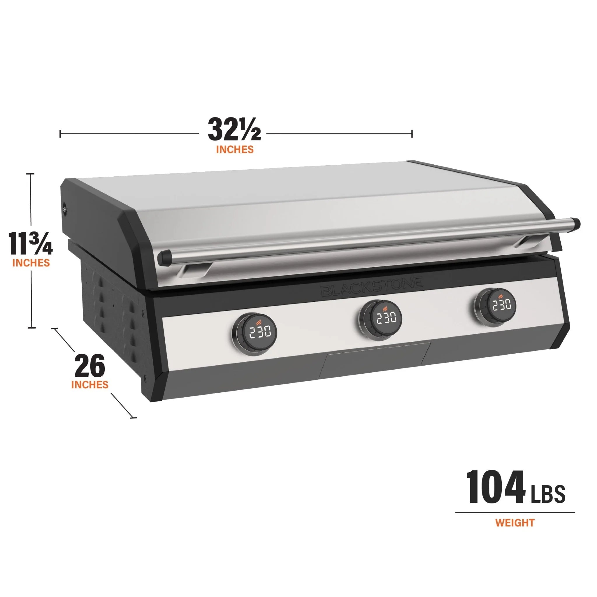 Blackstone 30-inch electric drop-in griddle dimensions graphic: 32.5 inches wide, 26 inches deep, 11.75 inches tall, weighing 104 pounds