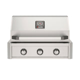American Outdoor Grill (AOG) 30-inch stainless steel built-in gas grill with closed lid, three control knobs, and temperature gauge on a white background