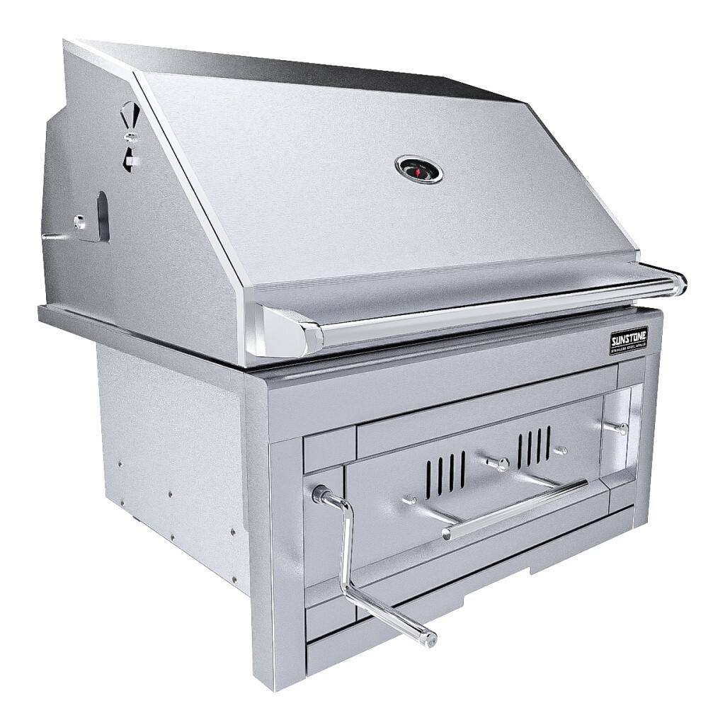 Detailed view of the height-adjustable charcoal burn tray of the Sunstone® Series 28″ Charcoal Drop-in Grill by Sunstone.