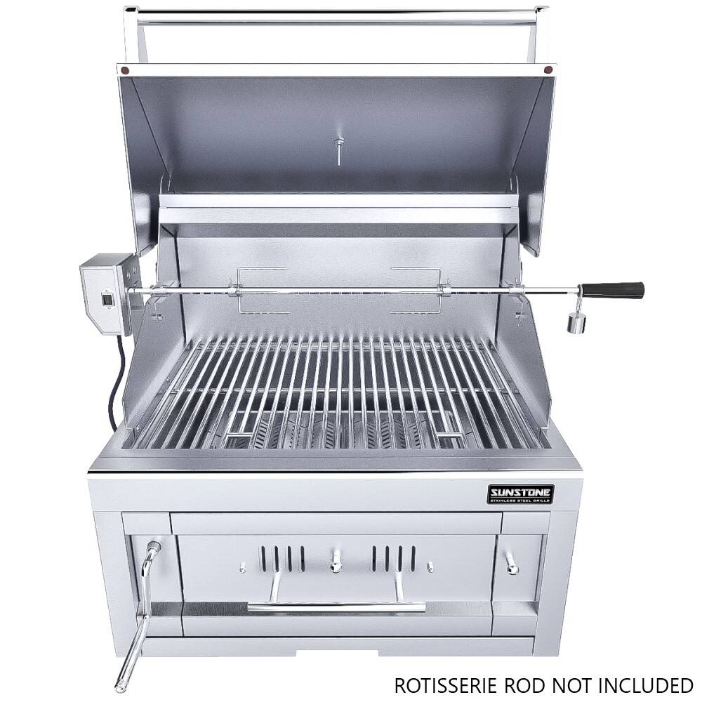 Sunstone® Series 28″ Charcoal Drop-in Grill in premium stainless steel design, showcasing features like height-adjustable charcoal burn tray and integrated smoker box.