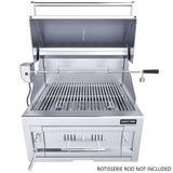 Sunstone® Series 28″ Charcoal Drop-in Grill in premium stainless steel design, showcasing features like height-adjustable charcoal burn tray and integrated smoker box.