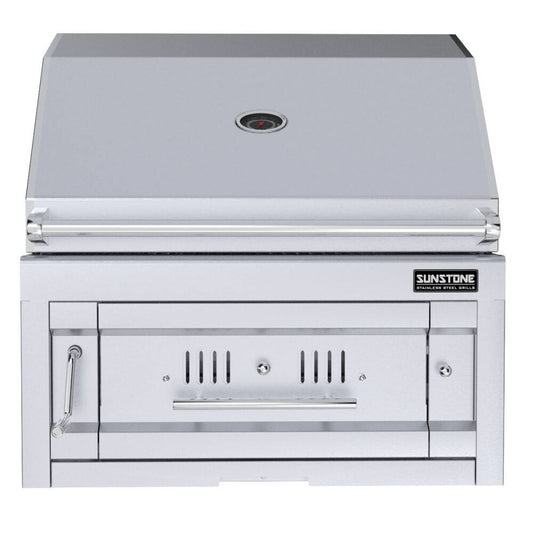Sunstone 28" Charcoal Drop-in Grill featuring premium stainless steel construction and height-adjustable charcoal burn tray for perfect grilling.
