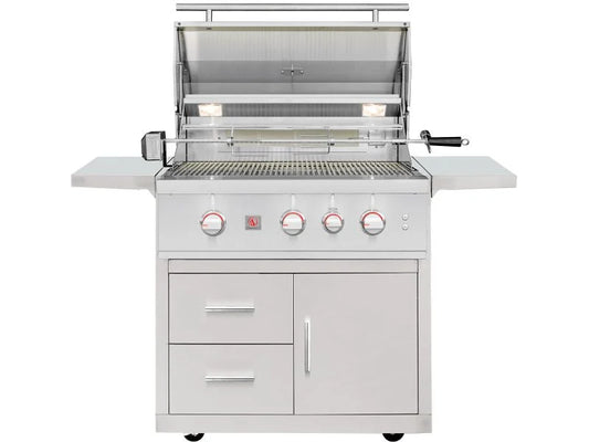 Summerset TRL Pro 32-inch deluxe cart gas grill with lid open showing rotisserie, drawers, door and side shelves, on white background