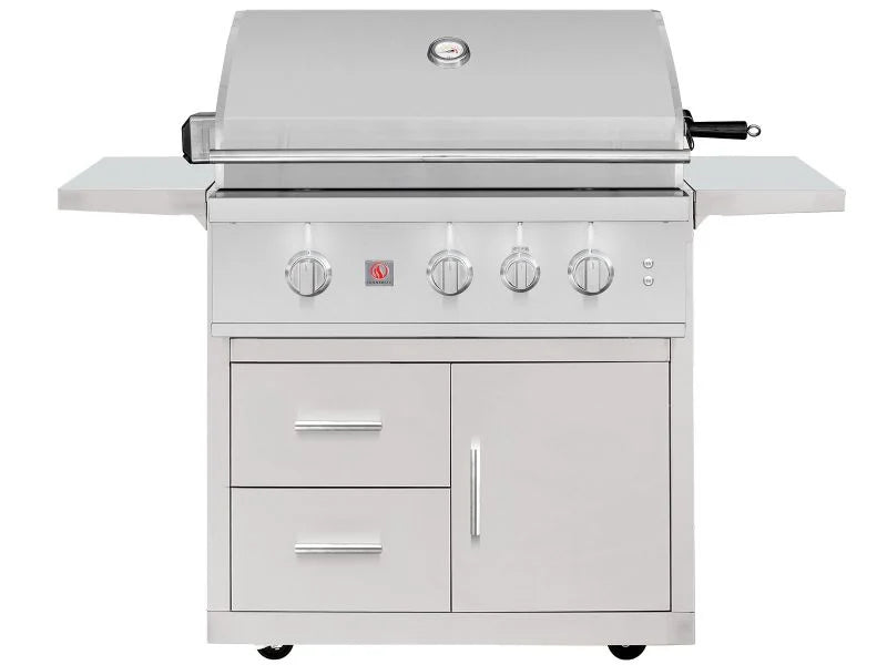 Summerset TRL Pro 32-inch deluxe cart gas grill with lid closed, drawers, door and side shelves, on white background