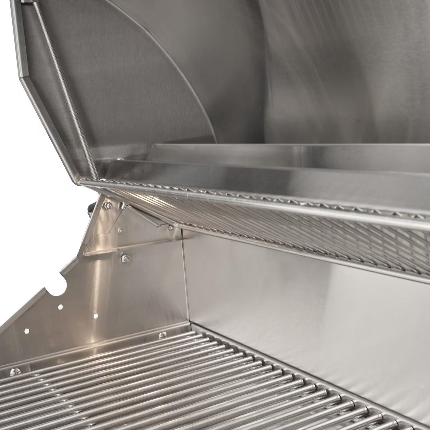 Close-up of a stainless steel grill with open lid showing the cooking grates and interior on white background