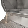 Close-up of a stainless steel grill with open lid showing the cooking grates and interior on white background