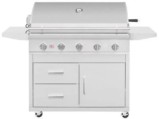 Summerset Sizzler 40-inch stainless steel gas grill on a deluxe cart with side shelves, storage drawers and door, closed lid, front view on white background