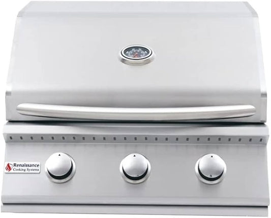 Front view of a built-in Renaissance Cooking Systems stainless steel grill with the lid closed, showing the temperature gauge on the lid, the tubular handle, three control knobs and the RCS logo on the front, on a white background