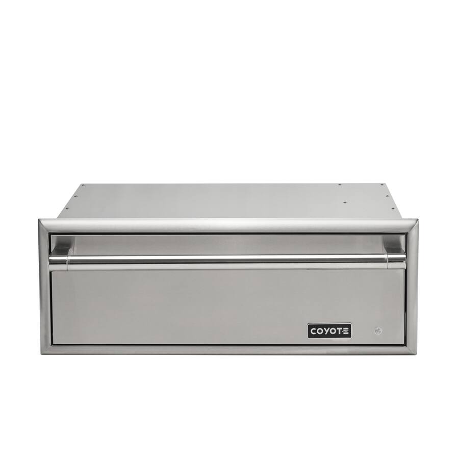 A stainless steel Coyote single horizontal outdoor kitchen access drawer with a tubular bar handle and the Coyote logo on the lower front, shown front-on against a white background