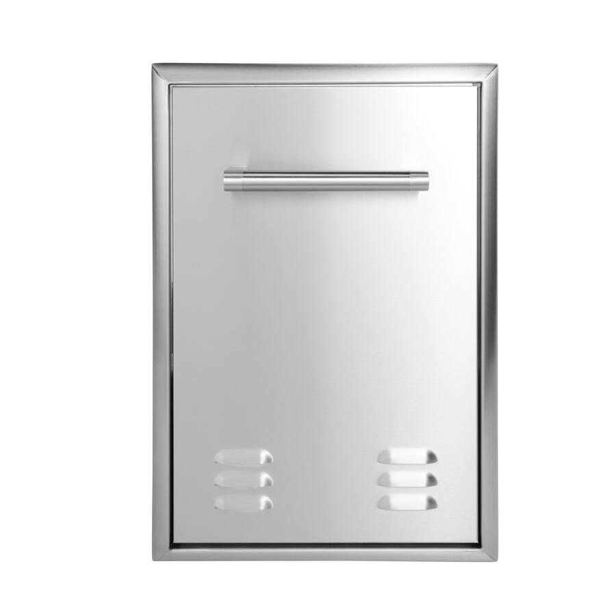 A stainless steel vertical outdoor kitchen access door with a horizontal tubular bar handle near the top and two columns of louvered ventilation slots across the lower portion, shown front-on against a white background