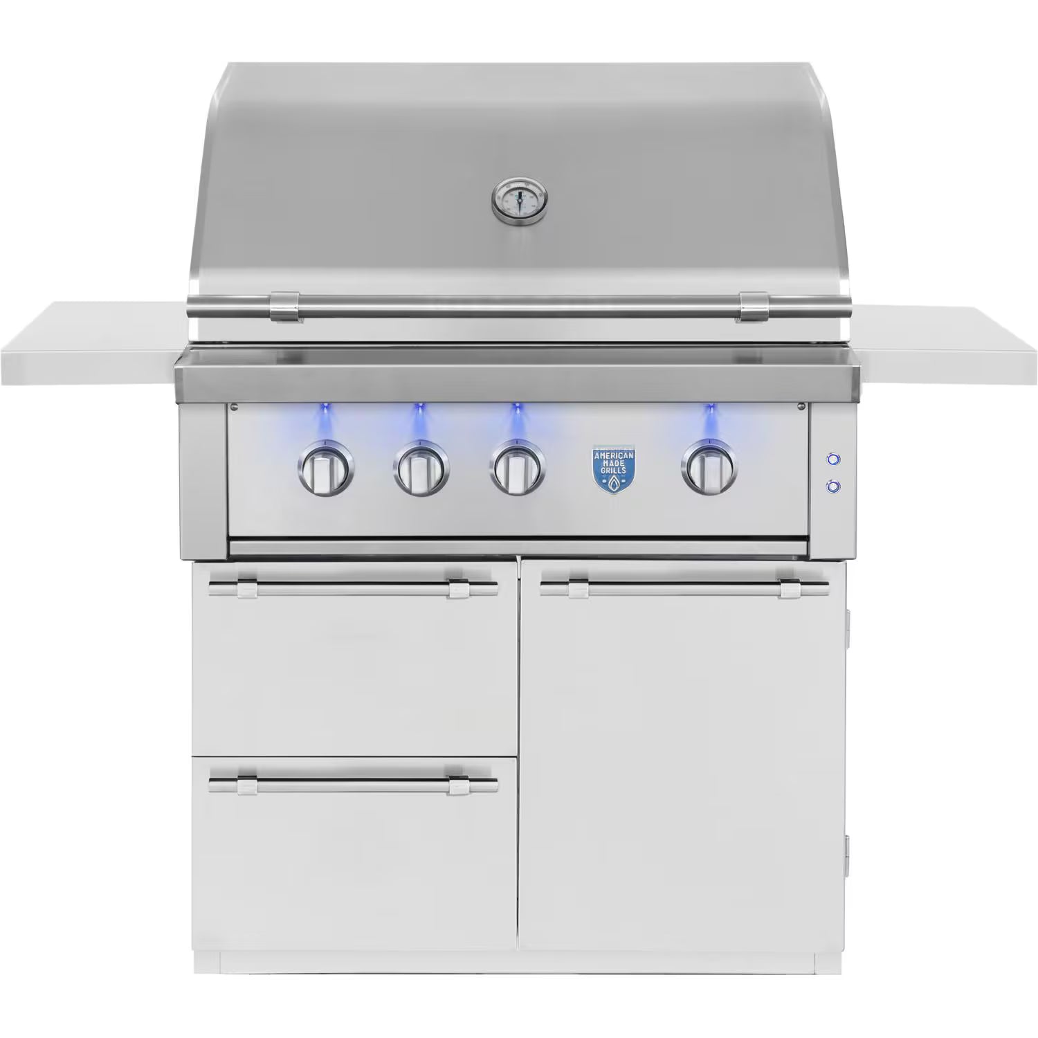 American Made Grills Estate 36-inch freestanding gas cart grill — hood closed with blue-lit control knobs