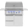 American Made Grills Estate 36-inch freestanding gas cart grill — hood closed with blue-lit control knobs