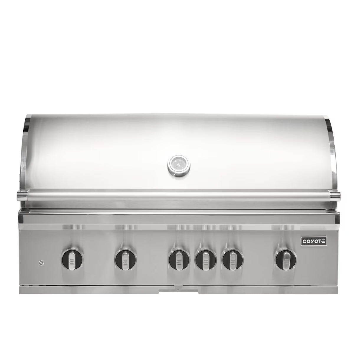 Front view of a built-in Coyote stainless steel grill with the lid closed, five control knobs, a temperature gauge and the Coyote badge, on a white background