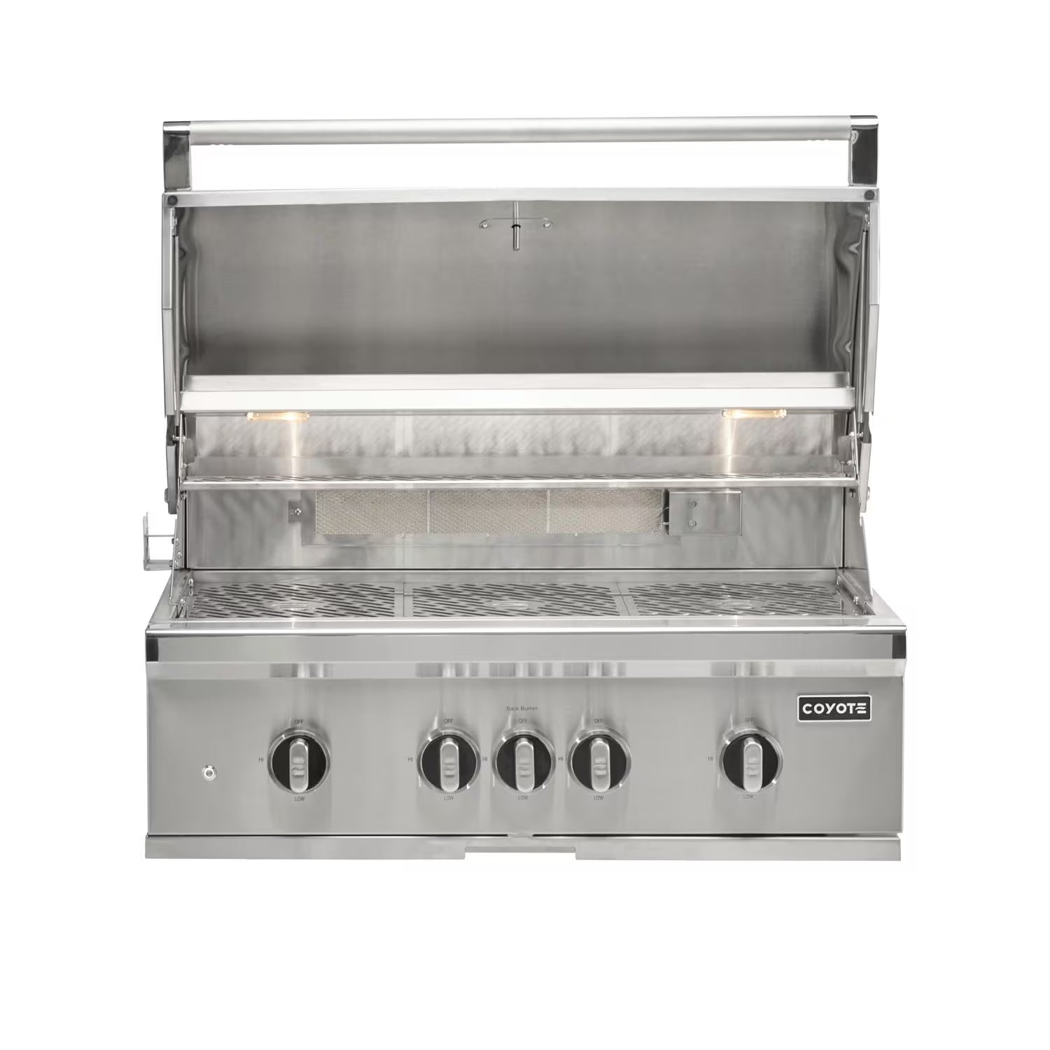 Built-in Coyote stainless steel grill with five control knobs and the lid open, interior lights illuminated, showing the cooking grates and warming rack, on a white background