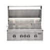 Built-in Coyote stainless steel grill with five control knobs and the lid open, interior lights illuminated, showing the cooking grates and warming rack, on a white background