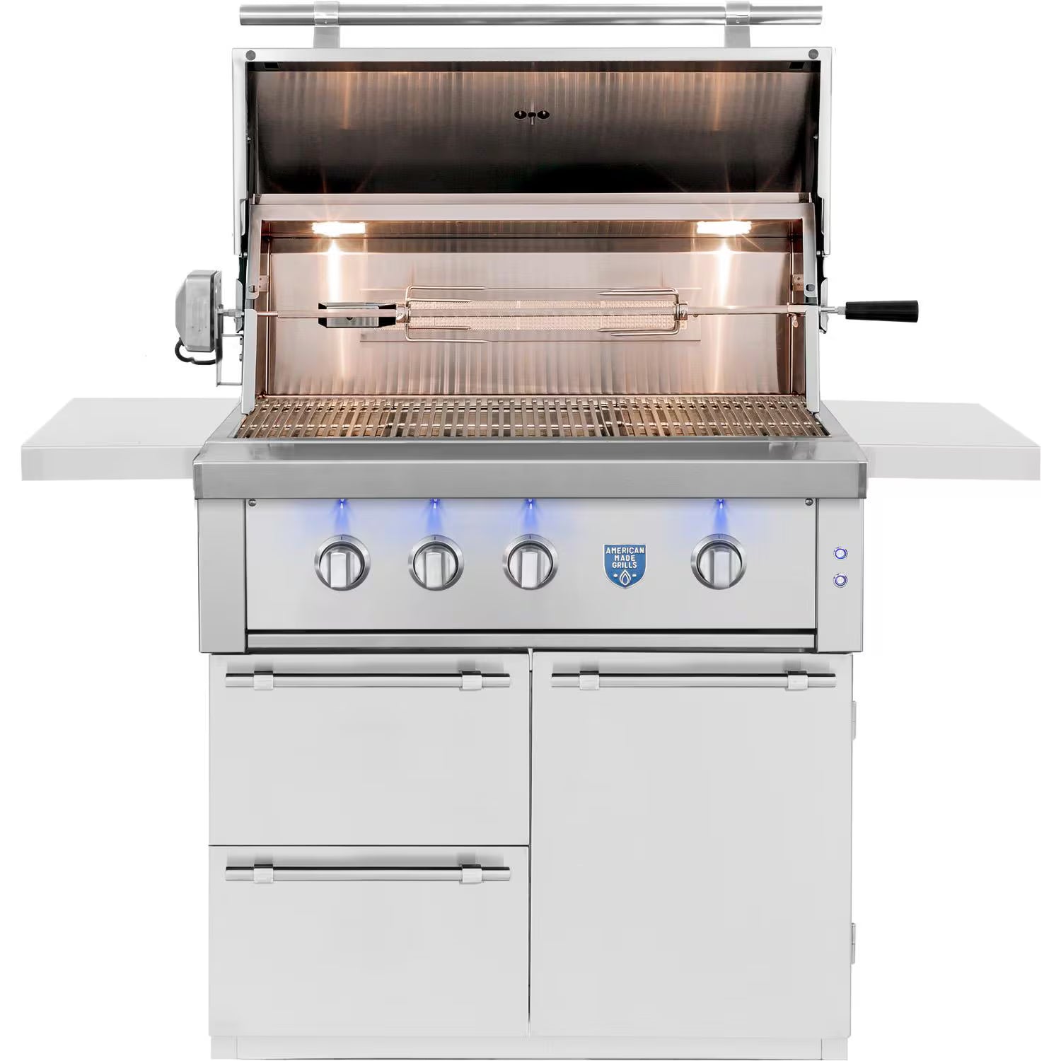 American Made Grills Estate 36-inch freestanding gas cart grill — hood open showing the rotisserie and cooking grates