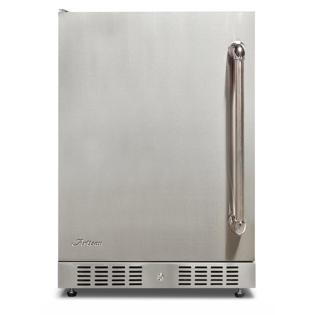 Front view of an Artisan stainless steel outdoor refrigerator with the door closed, on white background