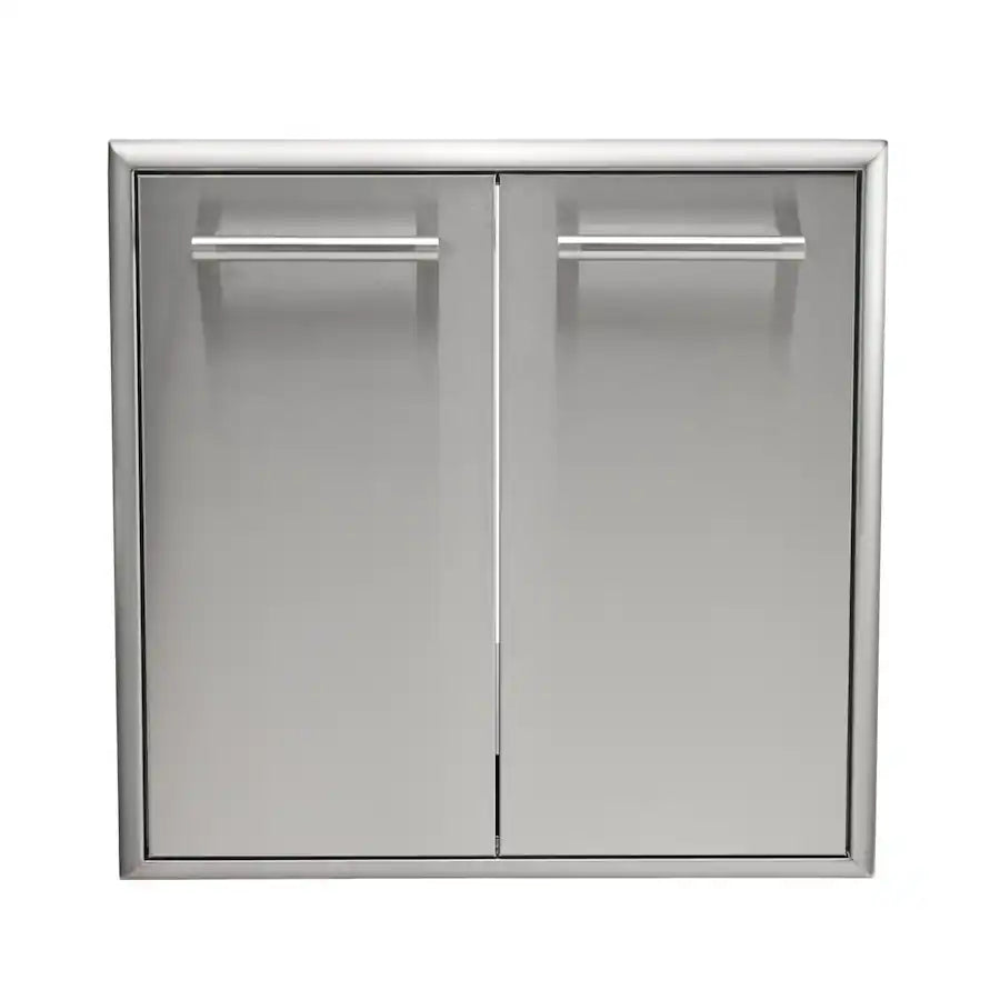 A stainless steel double-door outdoor kitchen cabinet access panel with two vertical tubular bar handles and a beveled outer frame, shown front-on against a white background