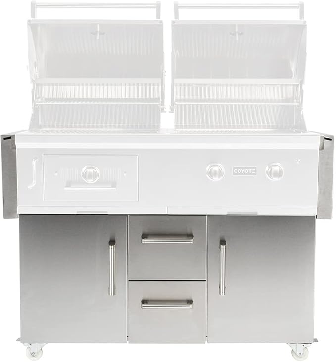 A large stainless steel Coyote dual-chamber gas grill on a rolling cart with both hoods open showing the cooking grates, control knobs and the Coyote logo on the front panel, a cart base with a cabinet door on each side and two stacked center drawers, and caster wheels, shown front-on against a white background