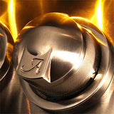 Close-up of an illuminated stainless steel control knob with the Alfresco logo on a built-in gas grill