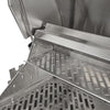 Close-up of a stainless steel grill with the lid open showing the hinge spring, warming rack, cooking grates and rear infrared burner mesh, on a white background