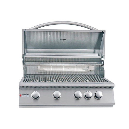Front view of a built-in Renaissance Cooking Systems stainless steel grill with the lid open, showing the cooking grates, warming rack and five control knobs, with the RCS logo on the front, on a white background