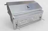 Sunstone 42″ Hybrid Gas/Charcoal/Wood Burning Drop-In Grill with dual zone cooking, showcasing its adjustable burn trays.