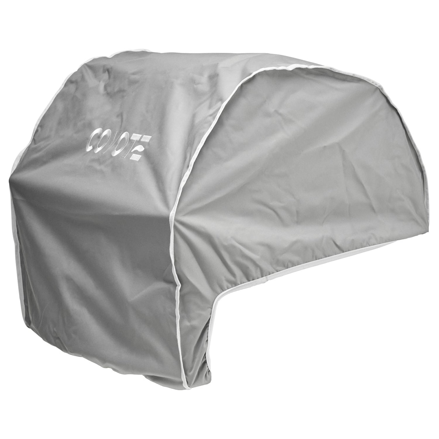 Coyote silver-gray grill cover with white piping and logo for outdoor grills