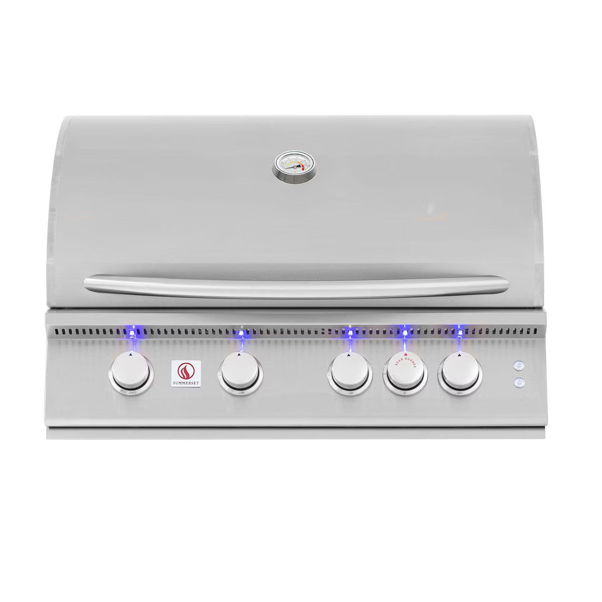 Summerset 5-burner built-in gas grill head with lid closed and blue LED-lit control knobs, on white background