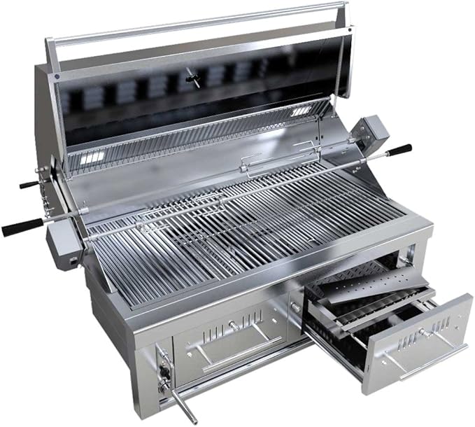 Close-up of the Sunstone Series 42" Hybrid Grill's durable stainless steel construction and adjustable charcoal trays.