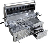 Close-up of the Sunstone Series 42" Hybrid Grill's durable stainless steel construction and adjustable charcoal trays.
