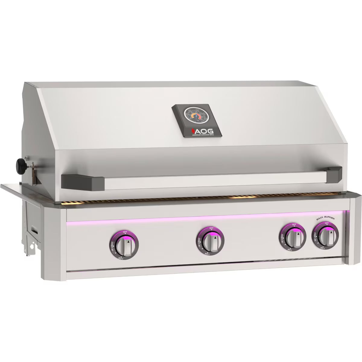 American Outdoor Grill (AOG) stainless steel built-in gas grill with open lid and LED-lit control knobs on a white background