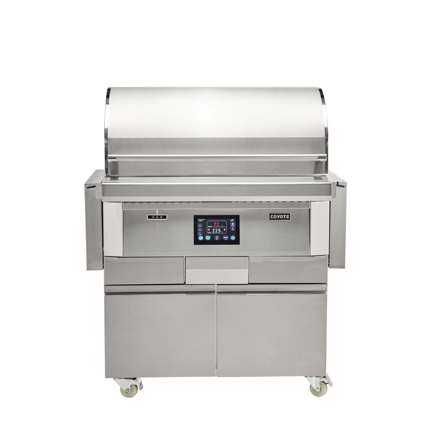 Coyote C3C30 stainless steel gas grill on freestanding cart, front view lid closed