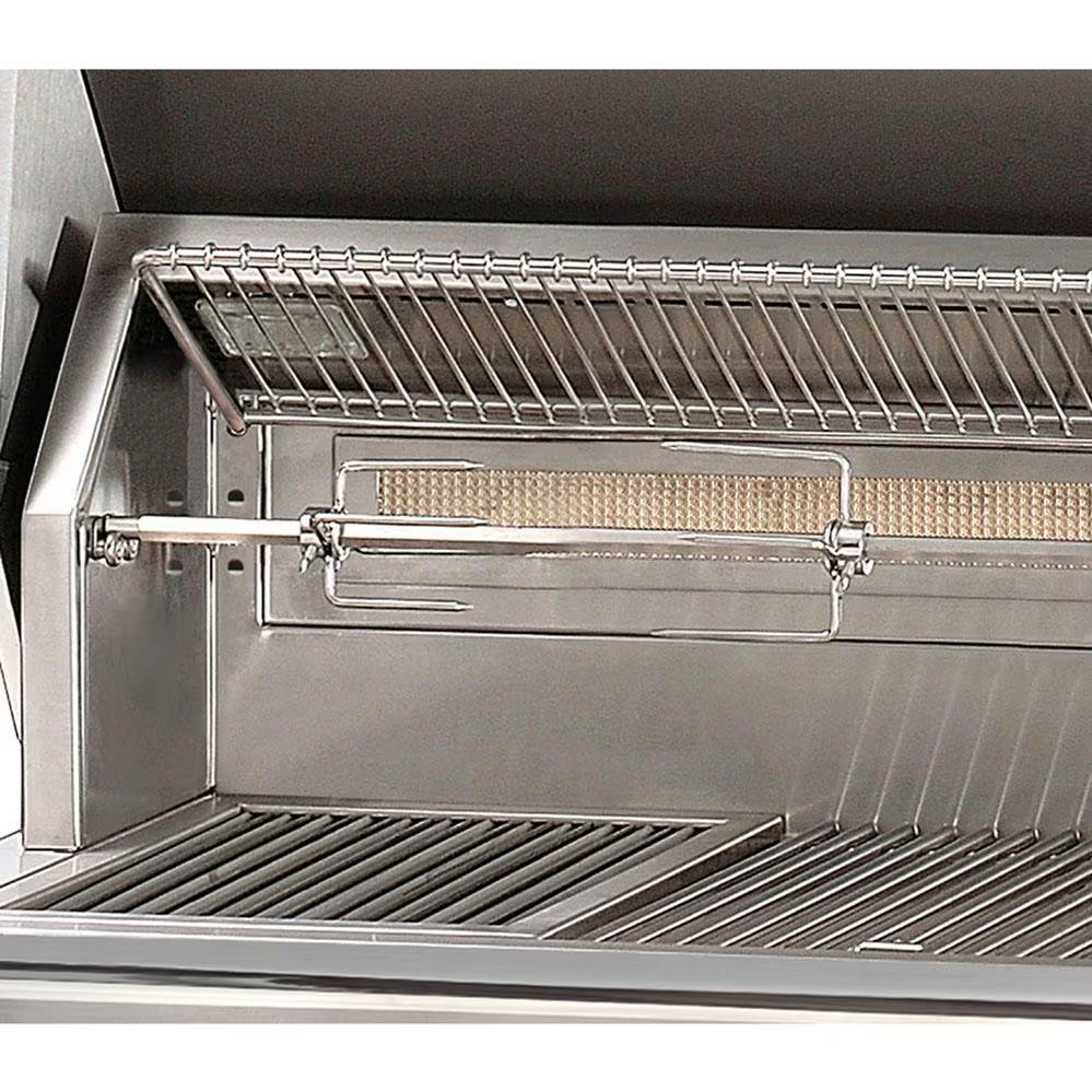 Interior of an Alfresco built-in gas grill with the hood open showing the rotisserie spit, infrared back burner and warming rack, on white background