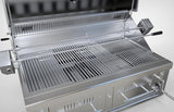 Diverse cooking options on Sunstone 42″ Hybrid Grill, featuring charcoal and wood burning drawers ready for grilling.