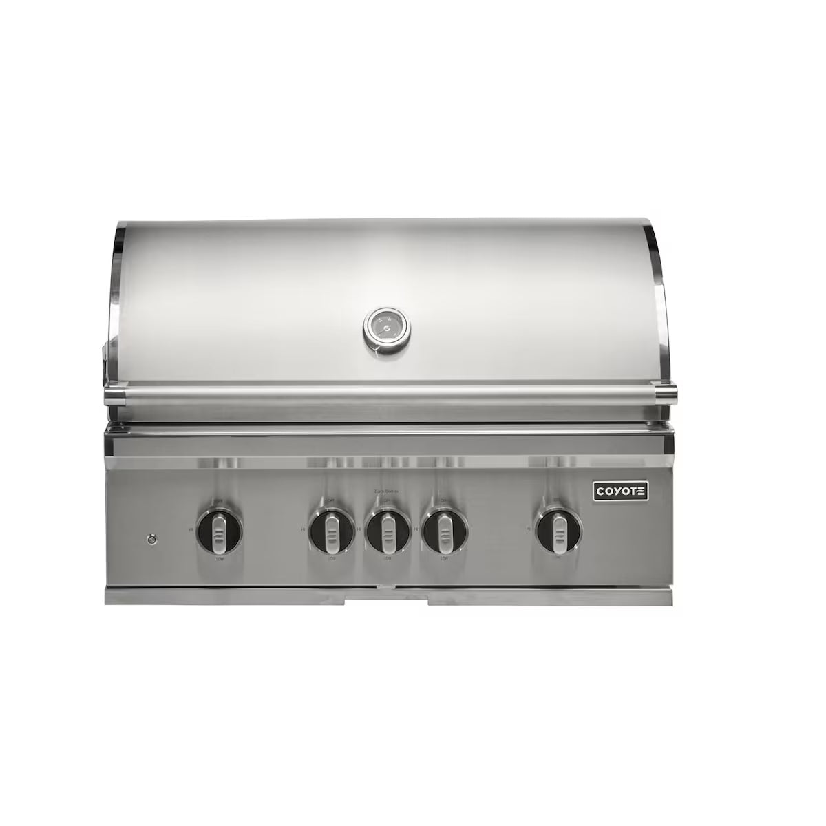 Front view of a built-in Coyote stainless steel grill with the lid closed, a round temperature gauge on the lid, five control knobs across the front and the Coyote badge, on a white background