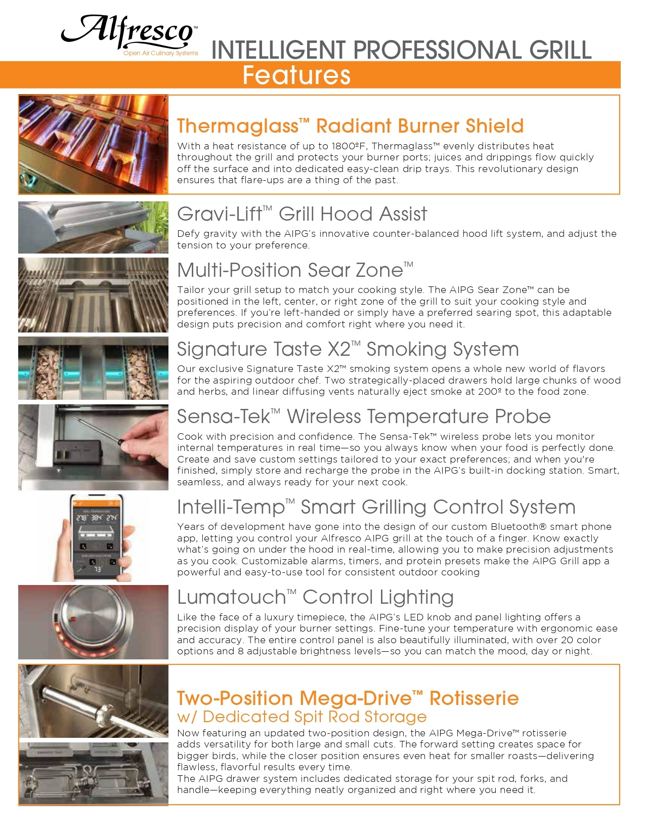 Page from the Alfresco Intelligent Professional Grill (AIPG) 2025 features document, listing grill features such as the radiant burner shield, smoking system, wireless temperature probe and rotisserie, each with a small photo