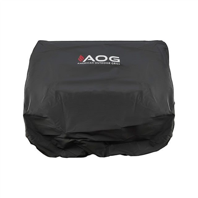 American Outdoor Grill (AOG) black built-in grill cover with AOG logo on a white background